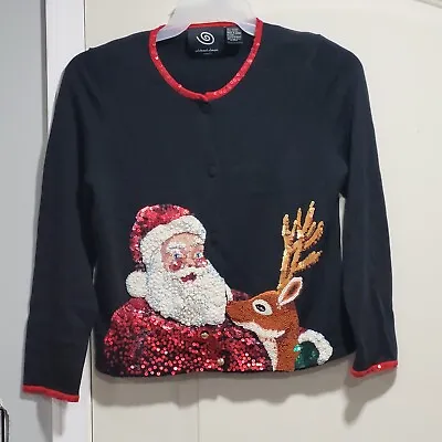 Michael Simon Event Christmas Cardigan Black Sweater Santa And Reindeer Sz M • $99