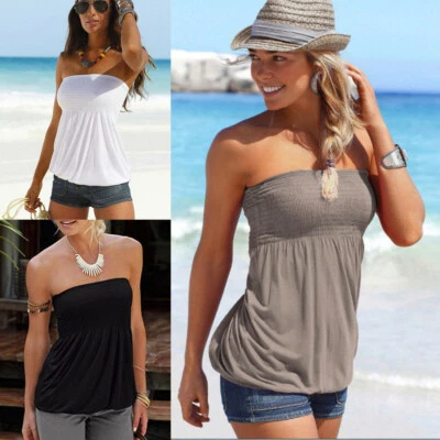 $16.91 • Buy Womens Boob Tube Bandeau Strapless Top Ruched Tank Blouse Summer T Shirt Vest