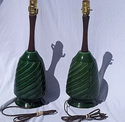Vtg SET Of MID CENTURY MCM Green Ceramic Pottery & Teak / Walnut Wood LAMPS  EUC • $197.99
