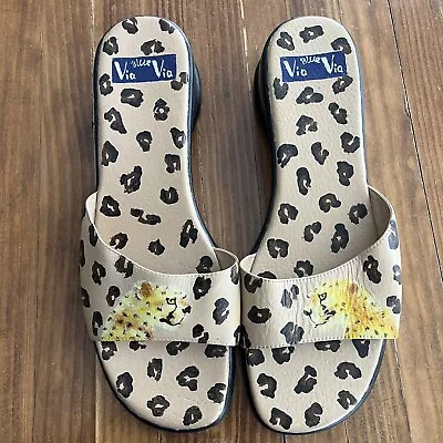 Blue Via Via Women’s Sz 9 Slide On Sandal Cheetah Hand Painted Leather Upper Tan • $9