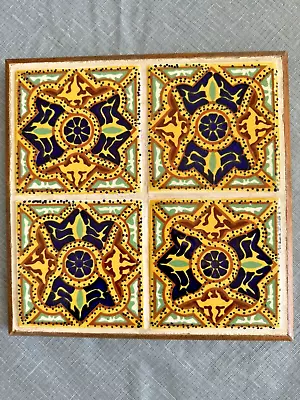 Mexican 4 Tile Heavy Ceramic Trivet Tray Folk Art Wood Vintage 9 5/8  Square • $34.94