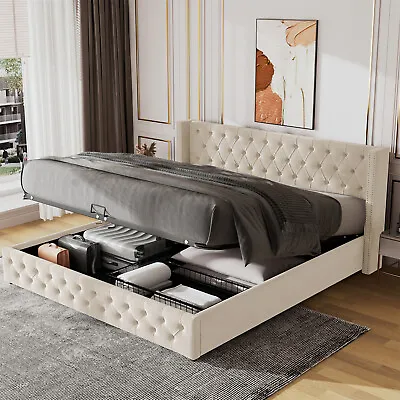 Ottoman Bed Gas Lift Storage Bed 4ft6 Double Bed Frame Velvet Upholstered Beige • £239.99