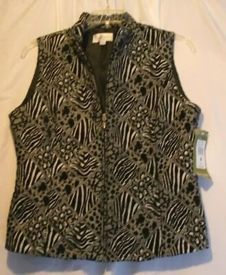 Erin London M Zip Up Black White Animal Print Patchwork Tapestry Lined Vest NWT • $10