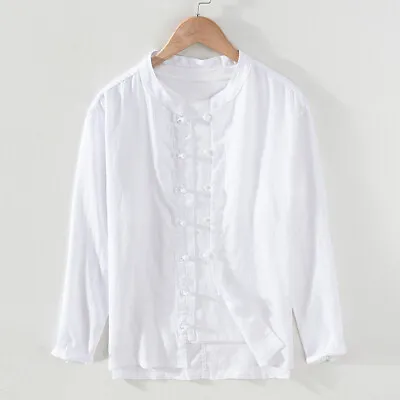 Men Mandarin Collar Linen Blend Tang Suit Shirt Long Sleeve Chinese Frog Button • $54.70