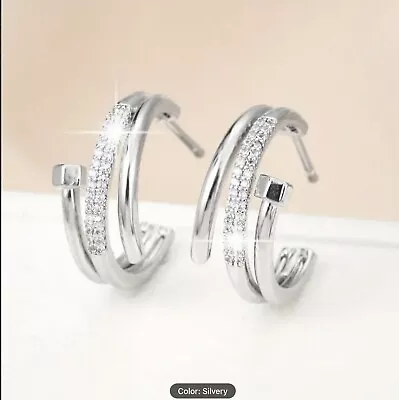 Alexis Bittar Style Nail Screws Hoop Silver Plated Earrings Stainless Pave • $19.87