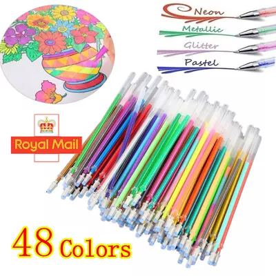 48 Colours Set Gel Pens Refills Books Markers Glitter Neon Metallic For Artists • £4.28