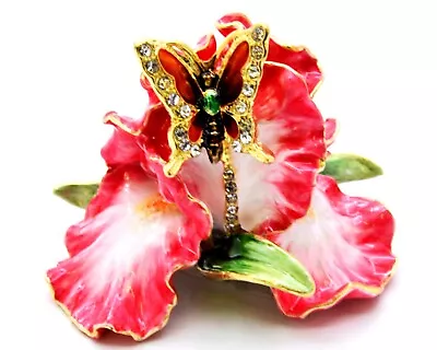 Orchid Flower Trinket Box With Butterfly Handmade With Swarovski Crystals Enamel • $54.99