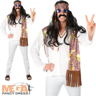 Funky Hippie Mens Fancy Dress Groovy Peace 1960s 70s Adults Hippy Costume Outfit • £8.98