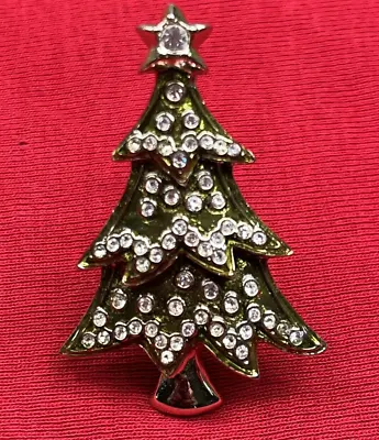 Monet Vintage Christmas Tree Pin Brooch Rhinestone Brushed Gold Tone Signed 2  • $13