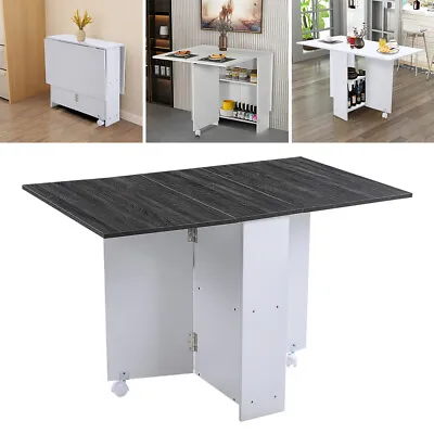 Kitchen Mobile Drop Leaf Dining Table Folding Desk W/2 Storage Shelves On Wheels • £78.95