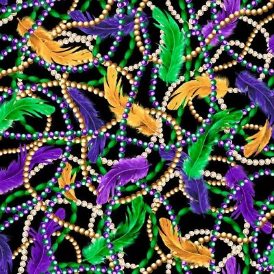 Fabric Mardi Gras Feather & Bead On Black Cotton QUILTING TREASURES 1/4 Yd 28444 • $1.99