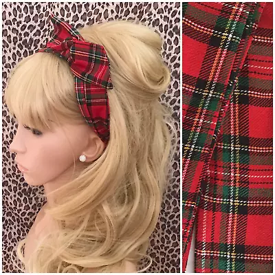 Red Fabric Tartan Check Bendy Fabric Hair Wrap Wired Bow Scarf Headband Retro • £5.49