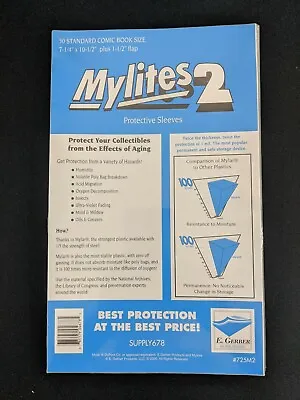 50 - E. Gerber Mylites 2 Mylar Standard Size Comic Book Bags 725M2 7 ¼  ” X 10 ½ • $20.99