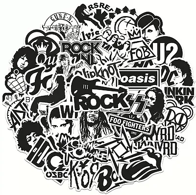 £3.99 • Buy 50 Rock Black White Stickers Heavy Metal Punk Band Music Guitar Car Decal UK NEW