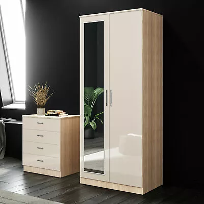 High Gloss 2 Door Wardrobe With Mirror Storage Bedroom Furniture Oak&Cream • £149.99