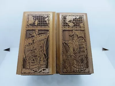 Pair Solid Walnut Laser Engraved Bookends Pirate Ship / Map  Lasercraft USA Wood • $29.99