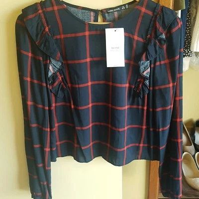 $11 • Buy Bershka BNWT Plaid Check Navy Red Top Medium Fits Size 10 To 12 Was $49.95
