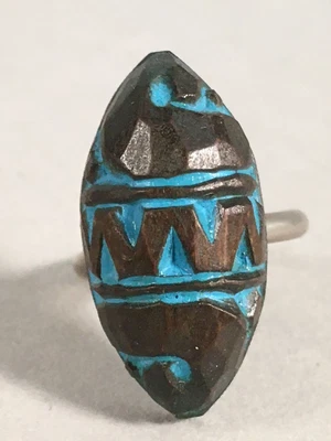 £14.47 • Buy Japanese Ring Vtg Wooden Head Metal Shank Carving Almond-Shaped Blue JK64