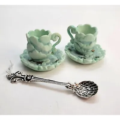 Youngs Inc. Tea Set 1995 Cups And Saucers Miniature Ceramic Set And Metal Spoon • $12