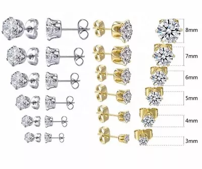 Surgical 316L Stainless Steel Stud Earrings Cubic Zircon Round Men Women 2PC • $4.75