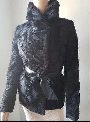 H&M Jacket Coat Winter Warm Faux Persian Lamb Fur Black Belted Size 2 • $24.99