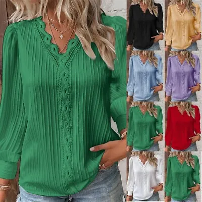 £10.19 • Buy Womens Lace V Neck T Shirt Blouse Ladies Summer Long Sleeve Tops Plus Size Tunic