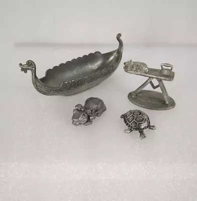 4 Pewter Mini Figurines Cat Ironing Board Turtle Viking Ship Image Spoontiques • $12.99