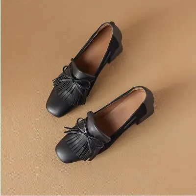 Women's Real Leather Slip On Shoes Vintage Tassels Chunky Heel Pumps Black Shoes • $75.99