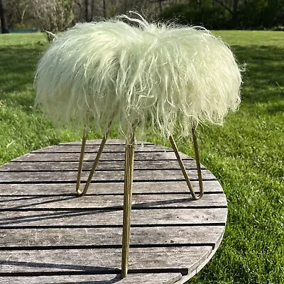 Faux Fur Foot Stool Ottoman Vintage Mint Green 1960’s 1970’s Hairpin Legs 16x13” • $19.99