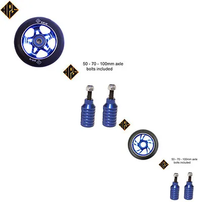 BLUE SET STUNT SCOOTER METAL CORE WHEELS 100mm ABEC 11 BEARING PEGS 3 AXLES 110 • £34.99