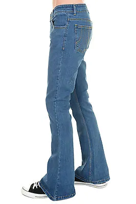 Mens Run & Fly 70s Retro Vintage Blue Stonewash Stretch Denim Bell Bottom Flares • £34.99