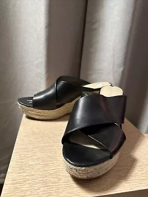 Via Spiga Black Leather Slide Espadrille Wedge Sandals Shoes Size 8.5 CUTE! • $24.19