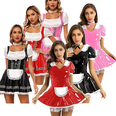 UK Women French Maid Apron Cosplay Costume Set Fancy PVC Leather Dress Clubwear • £10.55