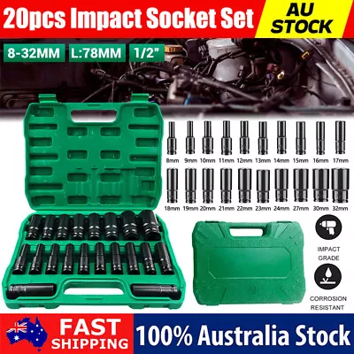 1/2  Drive Deep Impact Socket Set CR-V Steel Metric Sockets Long 20PCS 8-32MM AU • $32.99