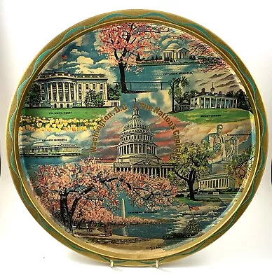 Vintage Round Brass Souvenir Tray Washington DC 11” Dia Cherry Blossoms Monument • $12