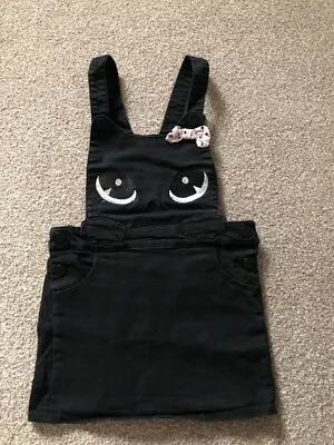 Excellent H&M Girl Black Denim Embroidered Dungaree Size 4 5 Years Pink Bow • £5