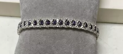 Sterling Silver Diamond Cz Synthetic Amethyst Stone Bracelet 7.25” 28.6G Vtg • $80