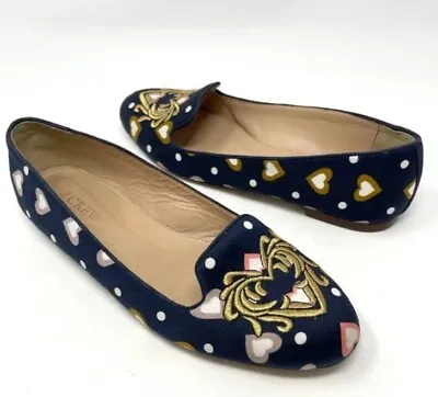 Vintage J Crew Womens Flats Slip On Shoes 7 Gold Navy Polka Dots Hearts Ballet • $45