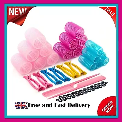 Hair Rollers Set (33Pcs) (6 Small 6 Medium 6 Large) 15 Duckbill Hair Clips • £7.89