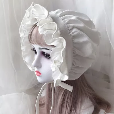 Women Lolita Hat Ruffled Bonnet Cap Victorian Medieval Lace Up Retro Sweet Cute • $36.81