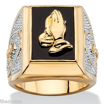 14k Gold Praying Hands Emerald Cut Onyx Mens Gp Ring Size 8 9 10 11 12 13 14 15 • £119.07