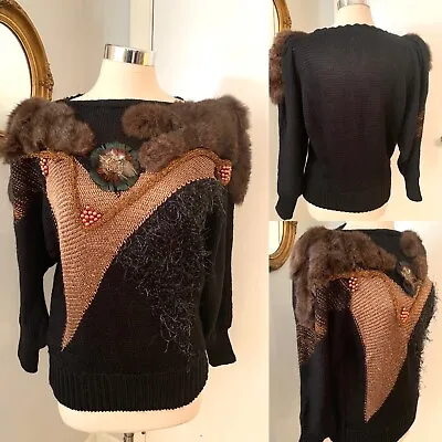 Vintage 80’s Fur Embellished Sweater Beaded ￼ Avant-Garde  Art To Wear M￼ • $59