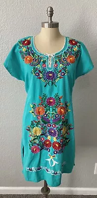 Mexican Embroidered Blue Floral Tunic Peasant Boho Tie Back Shift Dress 42  Bust • $24.99