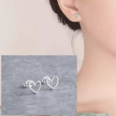 925 Sterling Silver Plated Hollow CutOut LOVE HEART Stud Earrings Girl Gift UK • £2.99