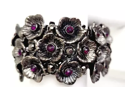 Chunky Stretch Floral Bracelet Antiqued Silver Tone Purple Rhinestone Center • $5