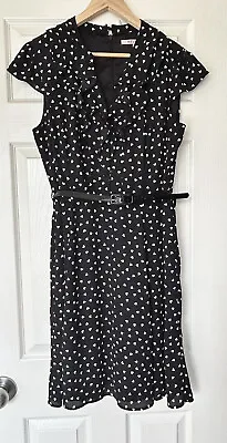 $55 • Buy REVIEW -Black & White Heart Print Knee Length Dress With Matching Belt Size 14