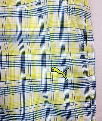 Puma Shorts Men's 34 Blue Bright Yellow Plaid Golf Chino Dry Cell Golfing Casual • $18.99