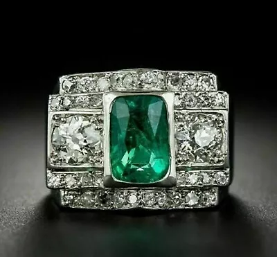 Green Cushion Art Deco Victorian Edwardian Ring For Men 925 Silver 6.59CT Stone • $194