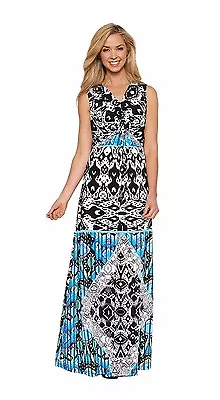 THREADZ Womens Long Maxi Evening Summer Dress - Blue Patterned Geo Print **NEW • $24.95