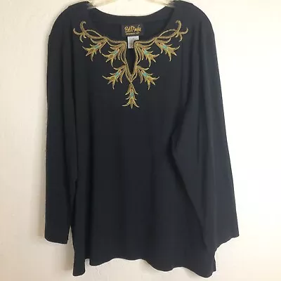 Bob Mackie Wearable Art Top Women's Size 2X Black Gold Embroidered Tee Tunic • $22.95